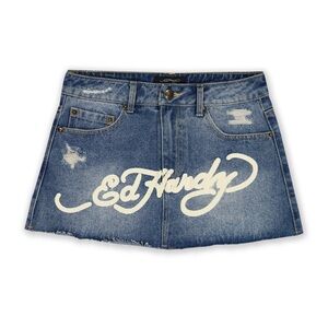 Ed Hardy Light Blue Denim Skirt with Multicolor Dragon Embroidery Patch